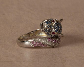 Panther Ring 2.33ctw Blue Pink Sapphire Diamond  14k White Gold Size 7.5