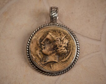 Ancient Greek Syracusan Coin Replica of Arethusa surrounded by dolphins Pendant and Sterling Silver Necklace