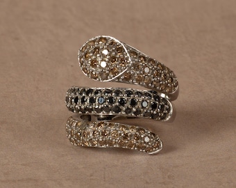Coiled Diamond Snake Ring White 10k Gold Black & Clear Diamond