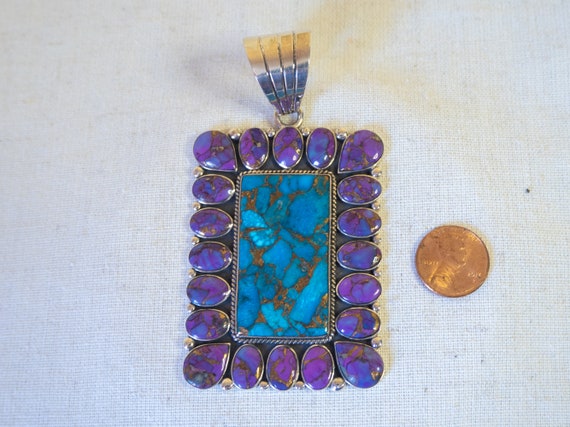 Purple Turquoise Sterling Silver Pendant Length 3… - image 1