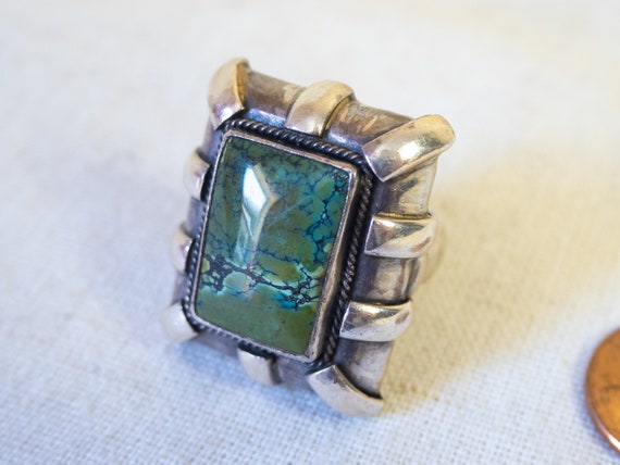 Spiderweb Turquoise stone, rectangle cast sterlin… - image 1