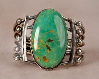 Sterling Silver Royston Turquoise Bracelet Cuff, Length 5.5", Wide 2.25", Gap 1.13", Native American First Nations Southwest Jewelry