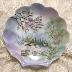 Vintage Hand Painted Shell Trinket Dish | Floral Pond Scene, Artist Signed