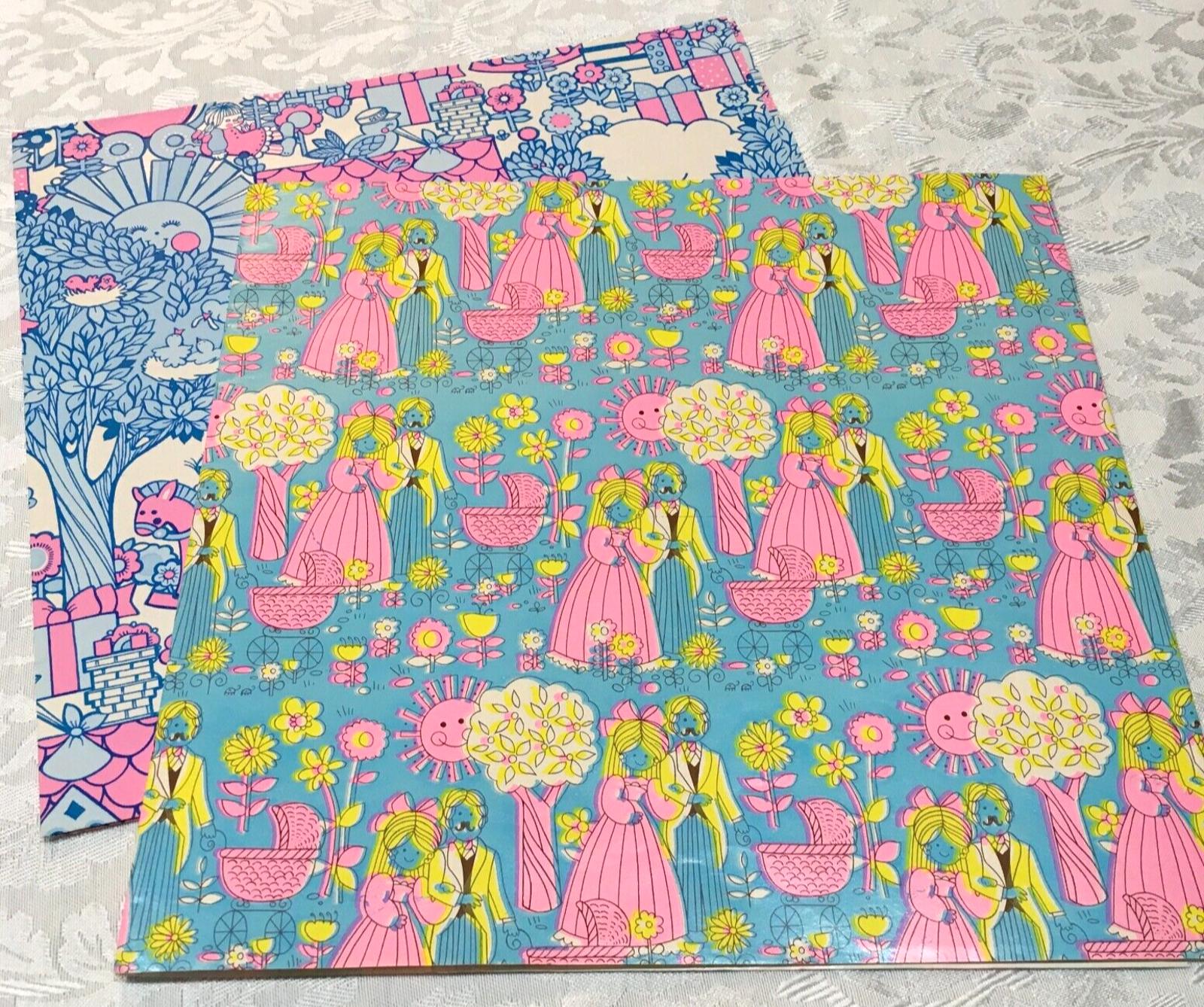 Vintage 60s Hippie Wrapping Paper Baby Shower Pastel Gibson 2 sheets 2 prints