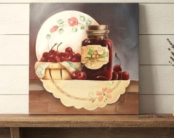 Vintage Still Life Painting Original On Board Fruit Country Moody Cottage 12x12