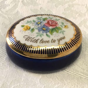 Vintage Avon Porcelain Trinket Box, 1986 Mother&#39;s Day Floral Design, Cobalt Blue  and Gold
