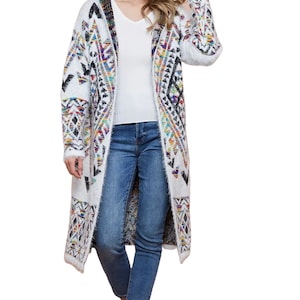 Fuzzy Rainbow Aztec print long sleeve hoodie cardigan