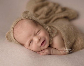 Newborn photography props , newborn bear hat , baby hat with ears, newborn hats , baby boy set , knit newborn outfit, baby romper set