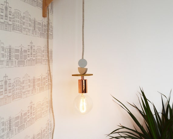 Mustard Grey And Copper Wooden Pendant Light Moving Gift Etsy