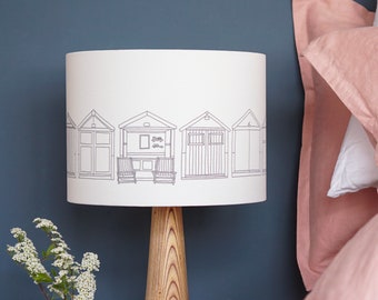 Beach huts coastal grey lampshade