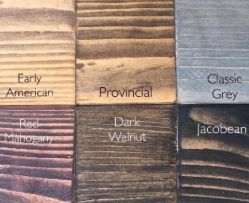 May include: Six wood stain samples showing different colors and wood grain patterns. The colors are Early American, Provincial, Classic Grey, Red Mahogany, Dark Walnut, and Jacobean.