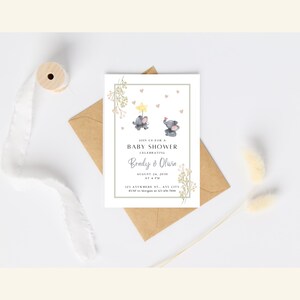 Plantilla de invitación para baby shower con descarga de agradecimiento a juego, invitación moderna para baby shower y tarjeta de agradecimiento, son gemelos
