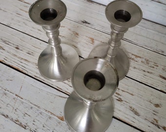 3 Silver Candle Stick Holders - Shiny Metal Candle Stick Holders - Brushed Silver - Vintage Candle Sticks