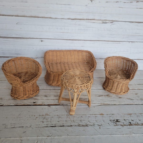 4 Wicker Furniture Piece for Dolls - Adorable Small Chairs and Table for Dolls - High Back Doll Chairs - Tiny Wooden Chairs and Table