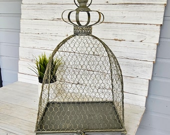 Wire Cloche with Crown Detail – French Country Garden Decor, Plant Candle Display