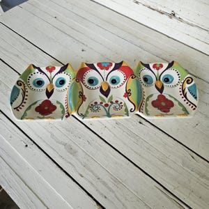 May include: A white ceramic serving dish with three owl-shaped compartments. Each owl has a unique colorful design with blue eyes, a red flower, and decorative patterns in green, yellow, and blue. The dish is placed on a white wooden surface.
