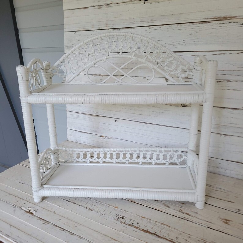 Vintage Bamboo and Wicker Shelf Painted White Wicker Storage Rack
