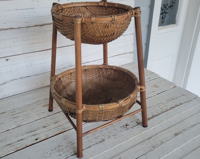 Vintage Bamboo and Wicker Shelf 2 Bin Shelf Woodenl Display Unit Wicker