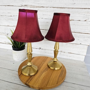 May include: Two small table lamps with burgundy shades and brass bases. The lamps are on a wooden round tray. A small potted plant is visible to the left of the lamps. The lamps are decorative and add a touch of elegance to any room.