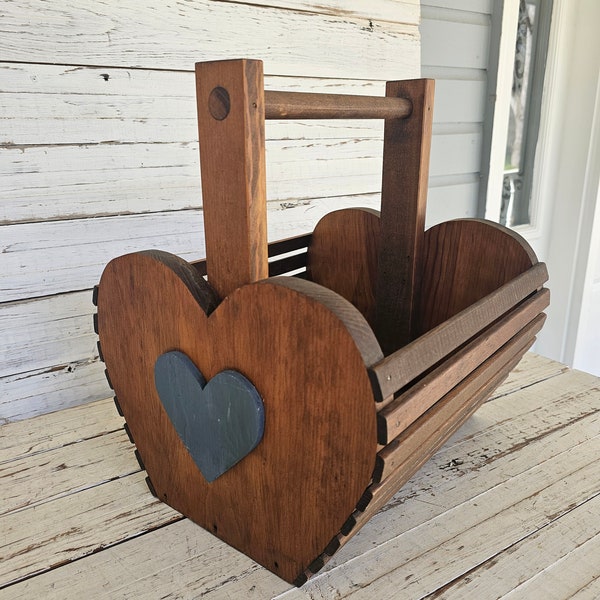 Adorable Wooden Heart Slat Basket - Large Slat Basket - Decorative Floral Basket - Porch Decor - Friend Gift - Blue Heart on Dark Wood
