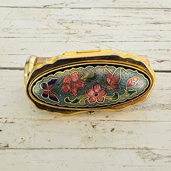 Vintage Floral Lipstick Holder w/ Mirror, Gold Tone Oval Enamel Cover