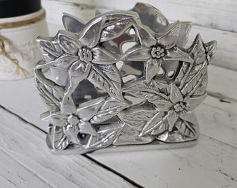 Floral Etched Napkin Holder: Pewter-Like Silver Finish