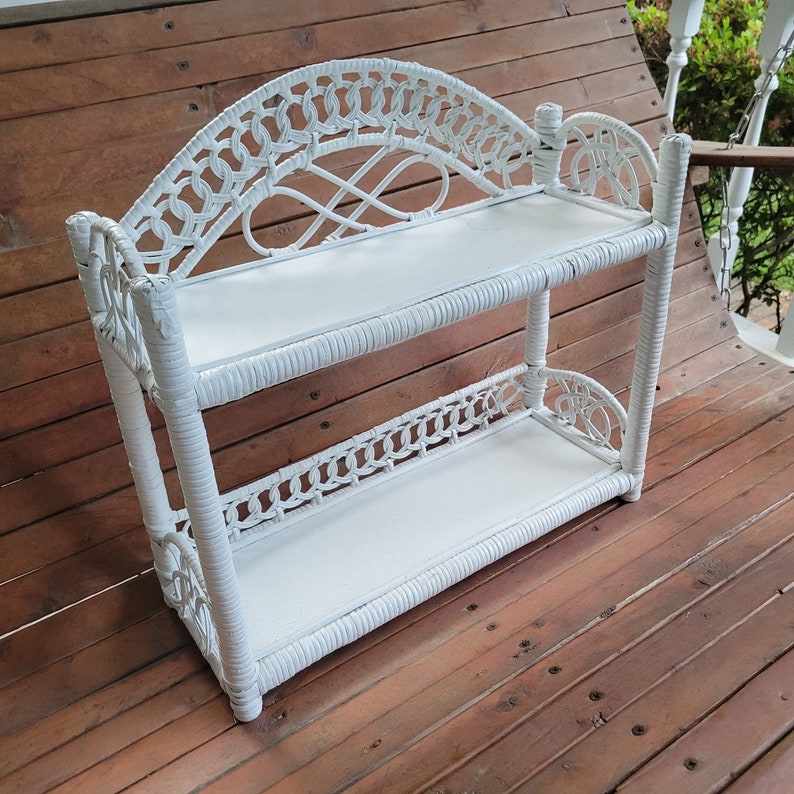 Vintage Bamboo and Wicker Shelf Painted White Wicker Storage Rack
