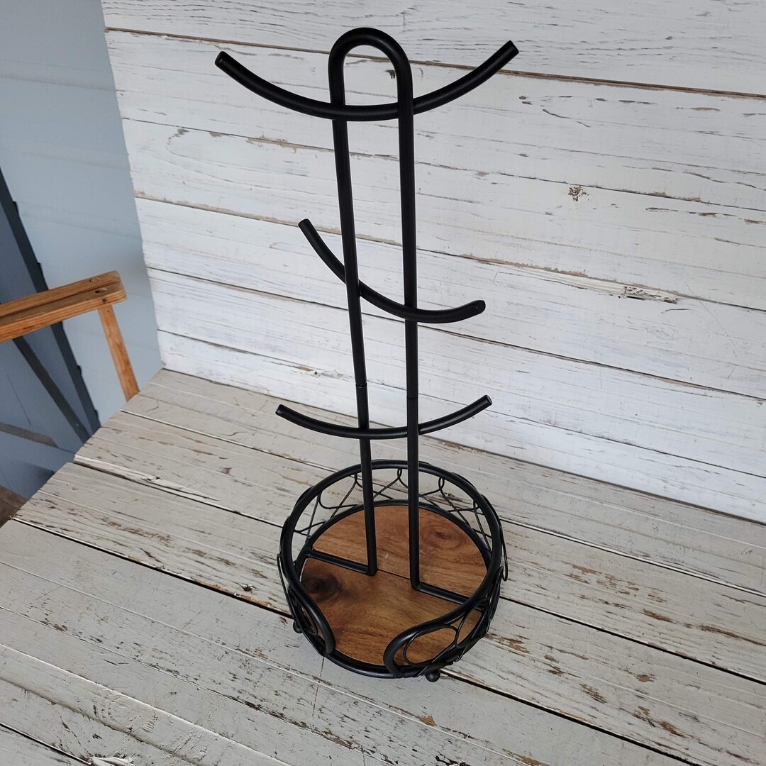 Heavy Duty Black Metal Coffee Mug Holder With Wooden Base Etsy