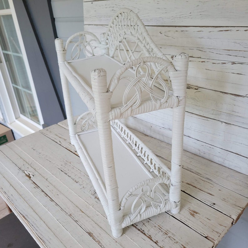 Vintage Bamboo and Wicker Shelf Painted White Wicker Storage Rack