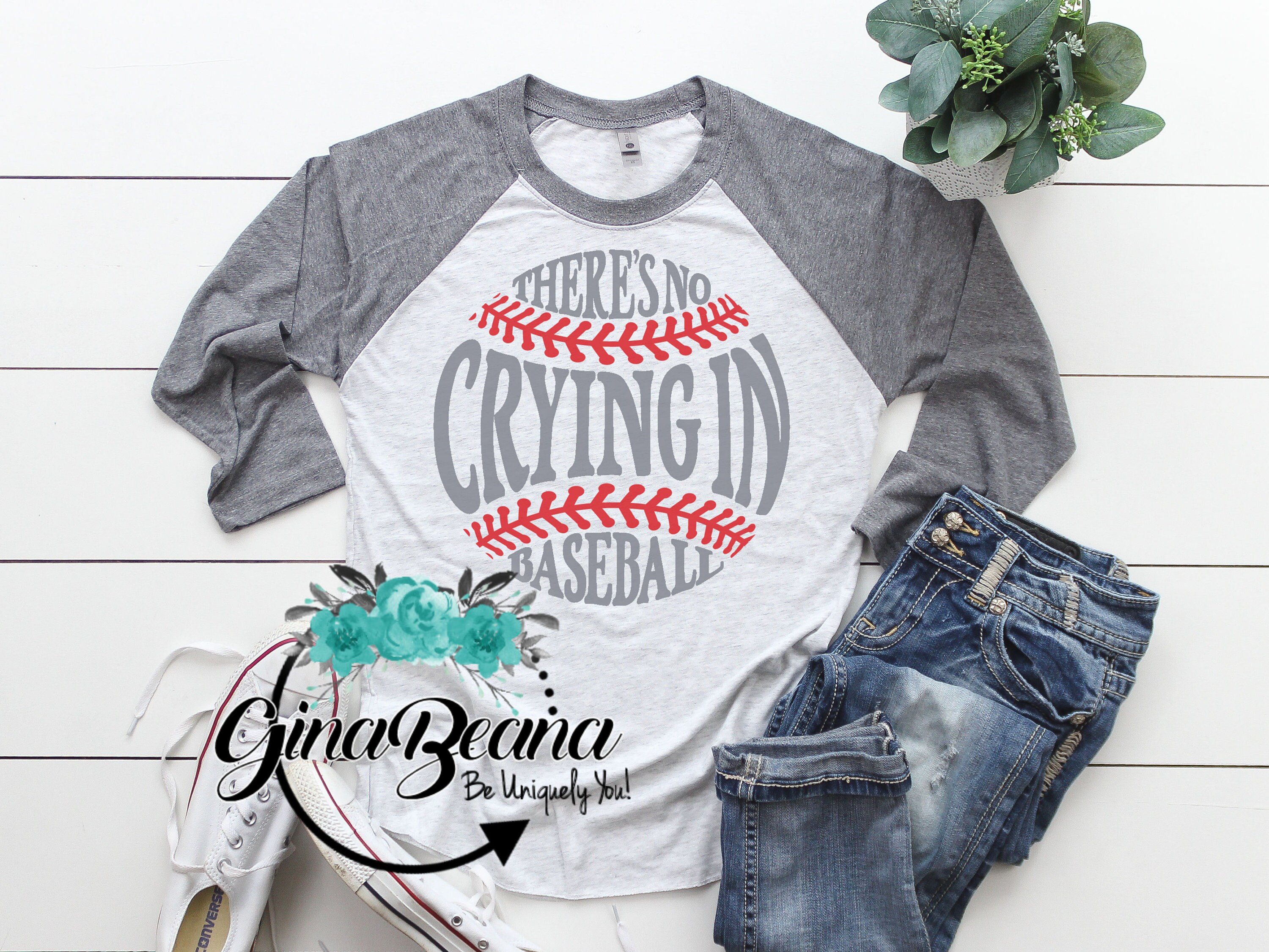 There's No crying in Baseball Gray Raglan Tshirt, Baseball mom Shirt, Long Sleeve Baseball, baseball gifts, Ginabeana