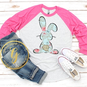 Floral Easter Bunny Raglan Shirt, Easter Shirt, Religious Tee, Pretty Bunny Shirt, Fancy Bunny Shirt, Easter Long Sleeve,GinaBeana