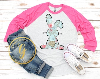 Floral Easter Bunny Raglan Shirt, Easter Shirt, Religious Tee, Pretty Bunny Shirt, Fancy Bunny Shirt, Easter Long Sleeve,GinaBeana
