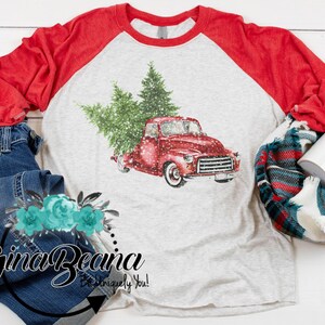 Land Weihnachten LKW Raglan T-Shirt, Jahrgang Aquarell Weihnachten Shirt, klassische Weihnachten Land, GinaBeana