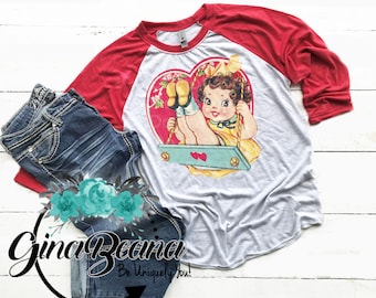 Vintage Girl Red Valentine Raglan - Ladies Adult Child Toddler Sizes, Valentine's Day Shirts, Matching Vday Tees, GinaBeana