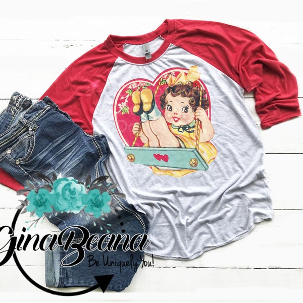 Vintage Girl Red Valentine Raglan - Ladies Adult Child Toddler Sizes, Valentine's Day Shirts, Matching Vday Tees, GinaBeana