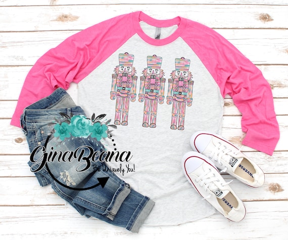 Vintage Pink Nutcracker Christmas Raglan Tshirt, Vintage Christmas Tee, Adult Christmas, Classic Nut Cracker Shirt,  GinaBeana