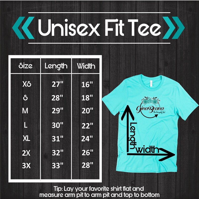 May include: A size chart for a unisex t-shirt, showing measurements in inches for different sizes, from XS to 3X. The chart is on a woodgrain background. The chart shows the length and width of the shirt in inches.