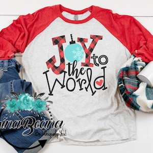 Joy to the World Christmas Raglan Tshirt, Vintage Christmas Tee, Adult Christmas Shirt, GinaBeana