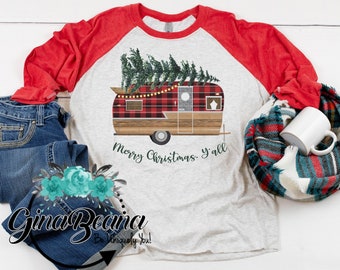 Vintage Anhänger Frohe Weihnachten Raglan T-Shirt, Jahrgang Camper Weihnachten Tee, Erwachsene Weihnachten RV Hemd, GinaBeana