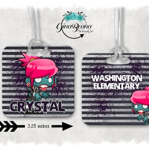Personalized Girl Zombie Backpack Tag, Back to school Bag tag, Sports Bag Tag, Dance BagTag
