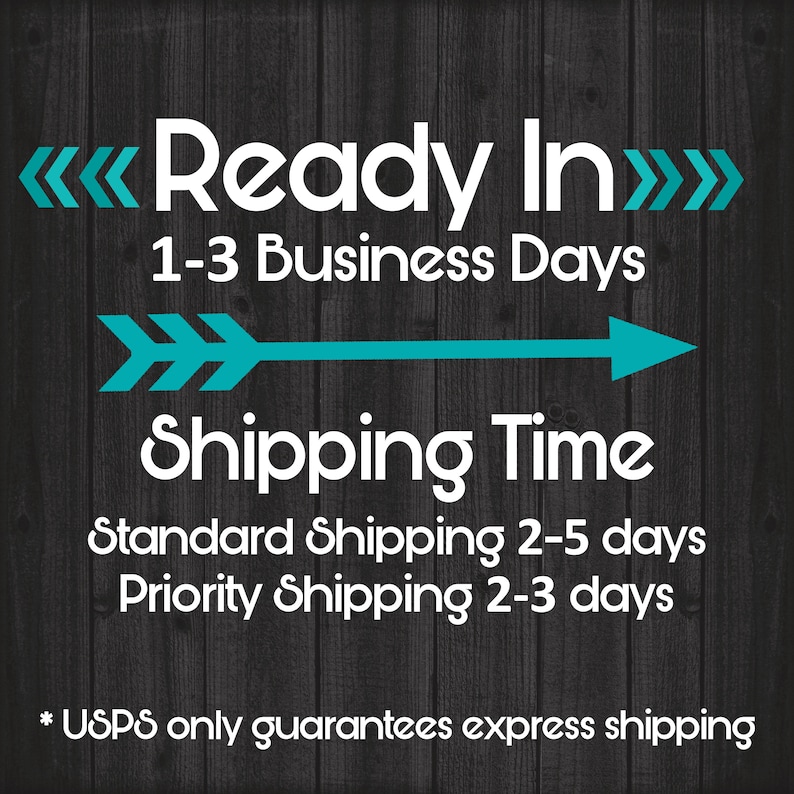 K&ouml;nnte beinhalten: Ein blauer Pfeil, der nach rechts zeigt, mit dem Text "Shipping Time" darunter. Der Text "Ready In 1-3 Business Days" befindet sich &uuml;ber dem Pfeil. Der Text "Standard Shipping 2-5 days" und "Priority Shipping 2-3 days" befindet sich unter dem Pfeil. Der Text "* USPS only guarantees express shipping" befindet sich am unteren Rand des Bildes.