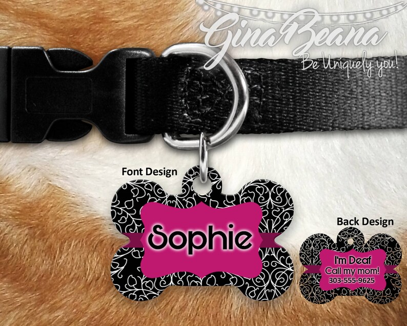 Pink and Black Personlized Pet ID Tag Deaf Blind Bone Pet Tag