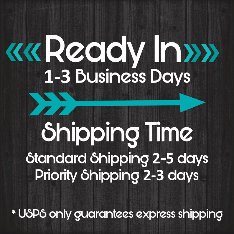 May include: A teal blue arrow pointing to the right with the text "Shipping Time" below it. The text "Ready In 1-3 Business Days" is above the arrow. The text "Standard Shipping 2-5 days" and "Priority Shipping 2-3 days" is below the arrow. The text "* USPS only guarantees express shipping" is at the bottom of the image.