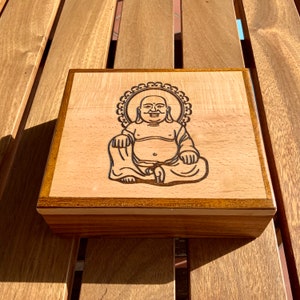 Beech and Walnut jewelry box, Laser engraved Buddha box