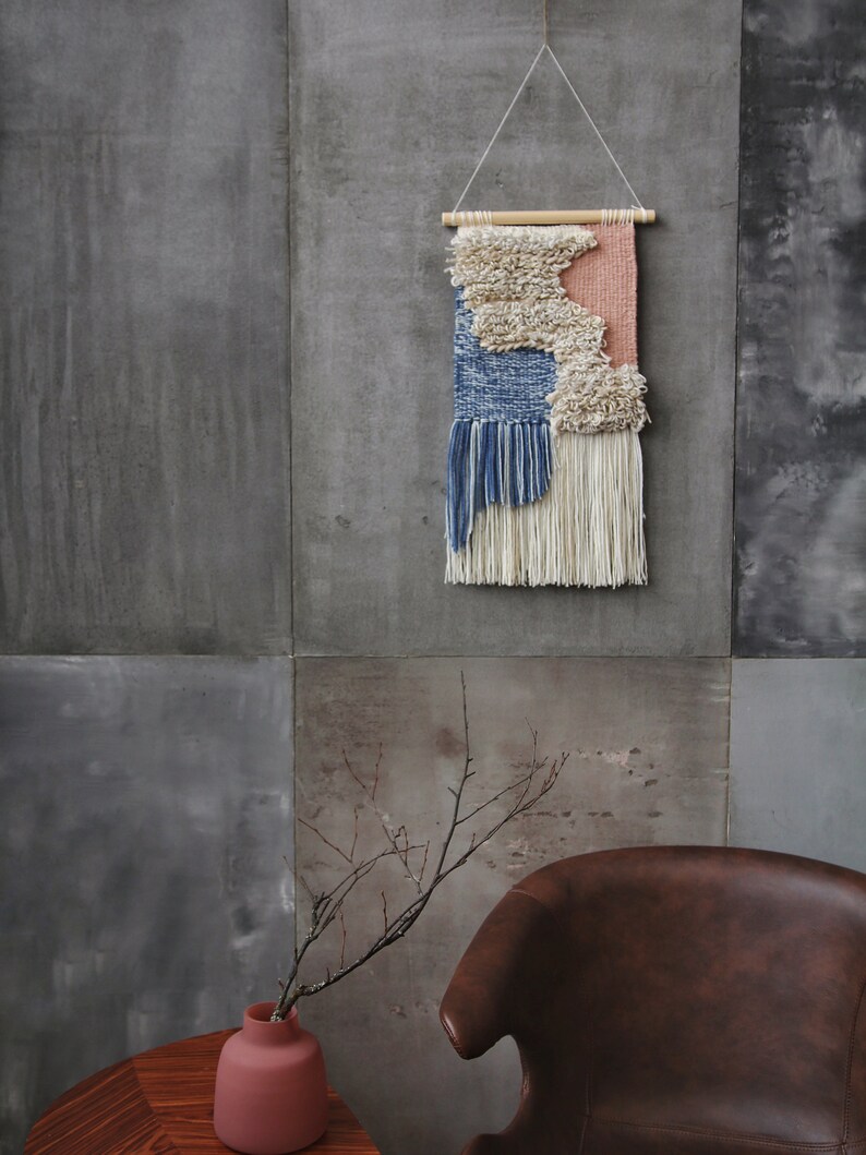 Woven wall hanging in Blush and Blue . Abstract Modern Etsy