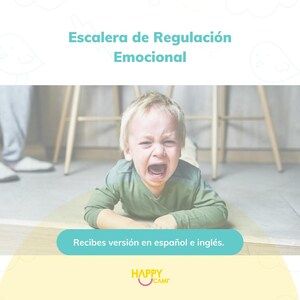 May include: A young child lying on the floor, crying with their mouth wide open. The image has text that reads "Escalera de Regulación Emocional" and "Recibes versión en español e inglés."