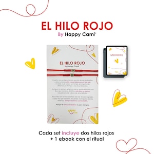 Può includere: Un set con due braccialetti di filo rosso e un ebook. I braccialetti sono adornati da piccoli accenti a forma di cuore. Il testo sulla confezione recita "EL HILO ROJO" e "Happy Cami". Il set include un ebook con un rituale.