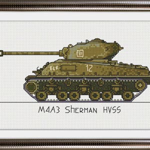 May include: A green and brown M4A3 Sherman HVSS tank with the text "ELF" and "12" on the side. The tank is on a white background.