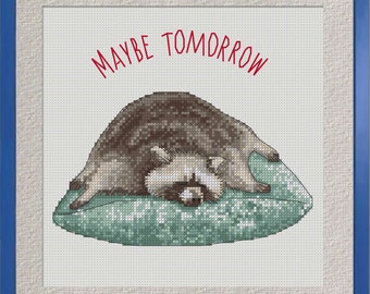 Divertente schema punto croce con procione, schema PDF not today, punto croce carino panda spazzatura