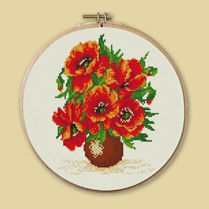 Poppies cross stitch pattern BOGO free, floral wall art, red poppies PDF pattern